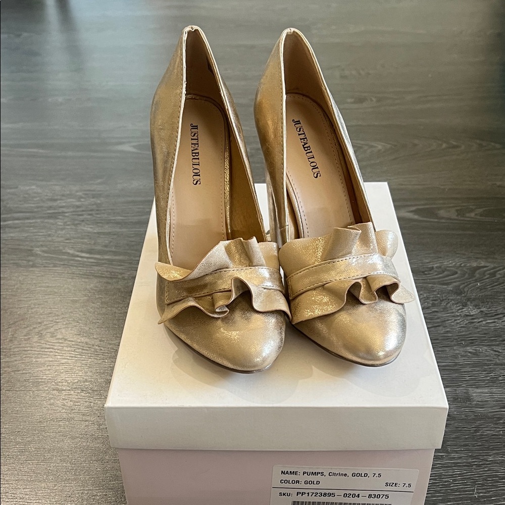 JustFab Gold Heels with Ruffle Detail (4 inch)